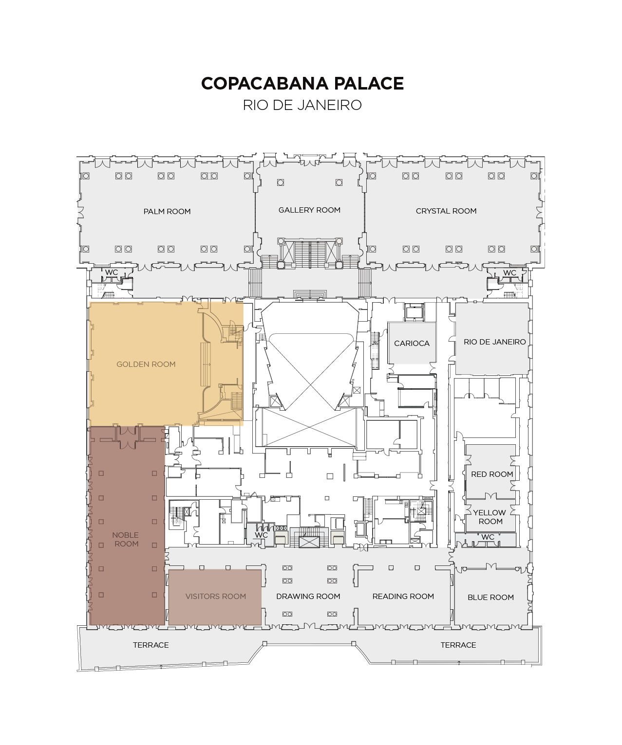 Planta do Copacabana Palace destacando Golden Room, Noble Room e Visitors' Room